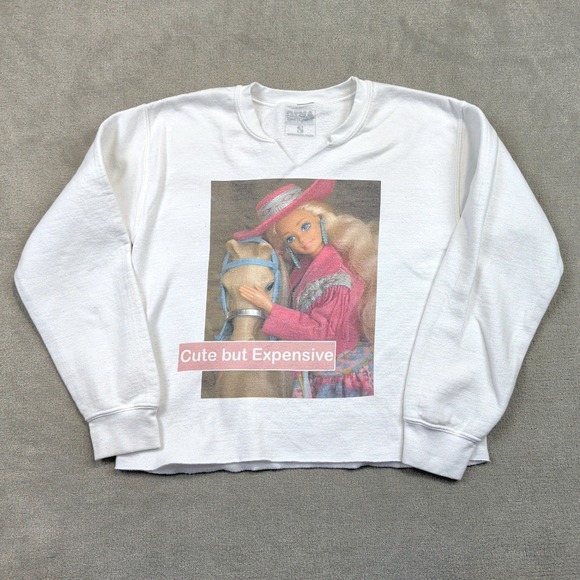 Gina Sweatshirt Womens Small White Barbie Graphic Notched Neck Cropped Fleece — photo 2